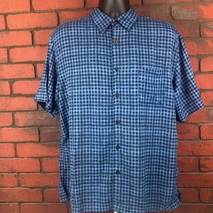Linea Rosso Men's Large Blue Checkered Silk Blend Short Sleeve Button Down‎